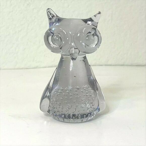 Vintage Clear Glass Owl Paperweight Figurine Controlled Bubble Art Glass 1980s - Picture 2 of 7